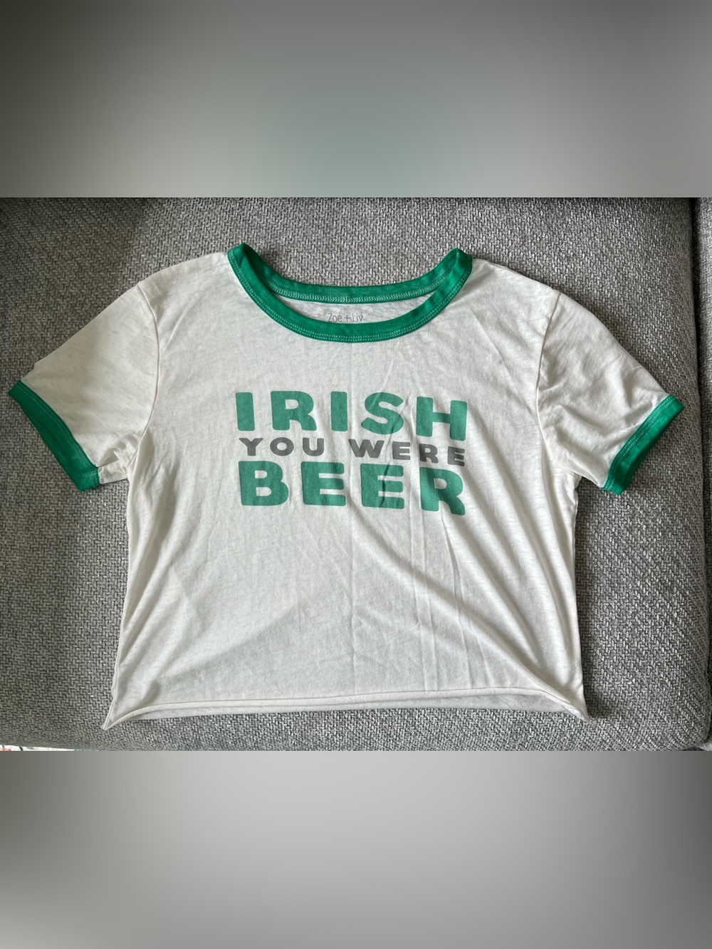 Zoe + Liv White Tee with Green Ringer Trim